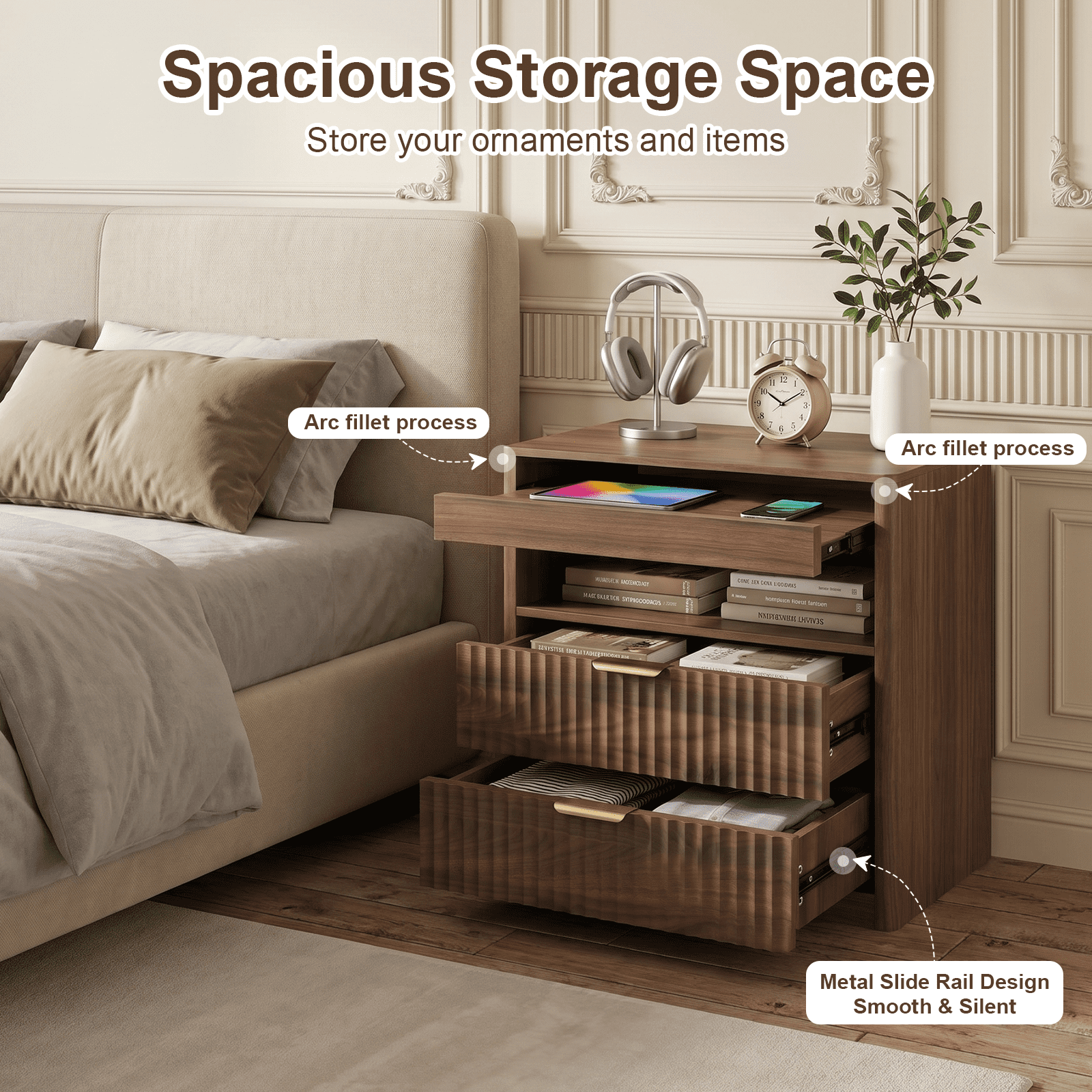 Stretchable Nightstand with Hidden Outlet 15.7x15.7x23.6 Inch Double Drawers for Bedroom Living Room
