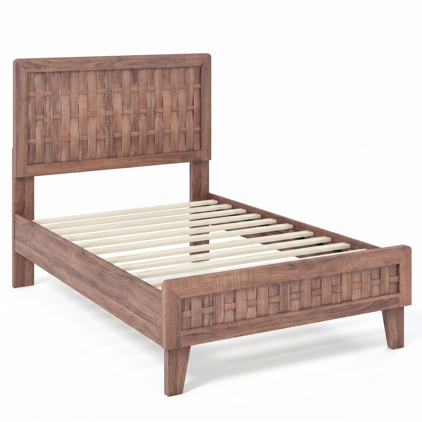 Furnibear Twin Bed Frame Wood Platform Bed with Woven Accent Headboard and 12 Plywood Slats for Kids Room, Walnut