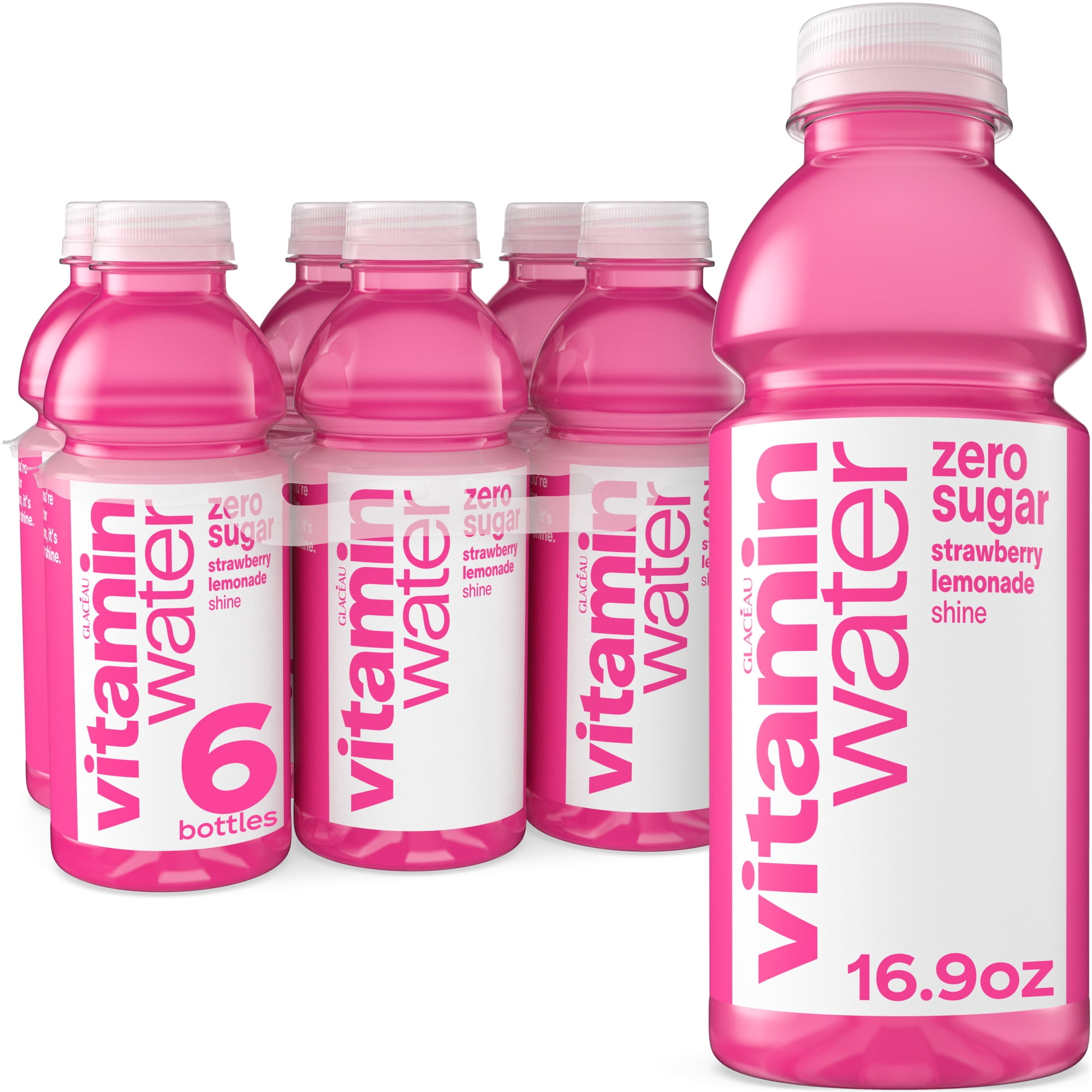 vitaminwater Shine Zero Sugar Strawberry Lemonade Water Beverage Bottles, 16.9 fl oz, 6 Pack