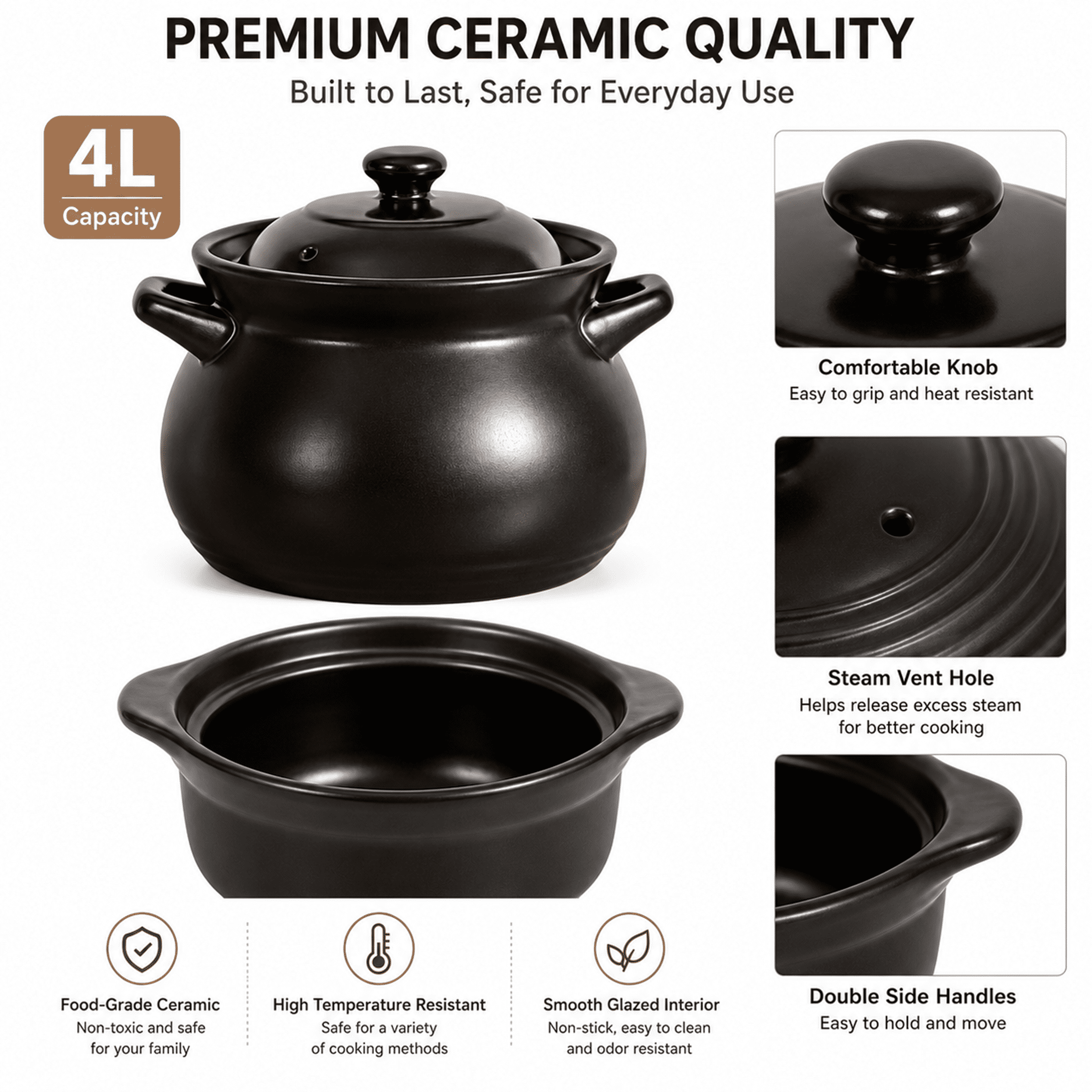 4 Quart Cauldron Slow Cooker with No Removable Crock Hard Porcelain Enamel Nonstick Covered Ceramic Casserole Pot, Nutrient-Rich Soup & Porridge Pot for Gas Stoves