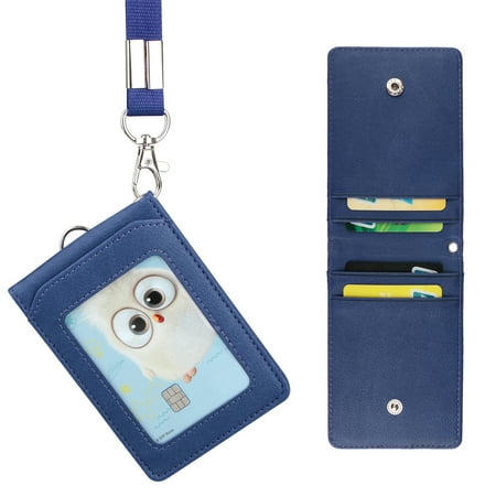 - Leather Wallet Work Office ID Badge Card Credit Holder Neck Strap Lanyard 5 Slot