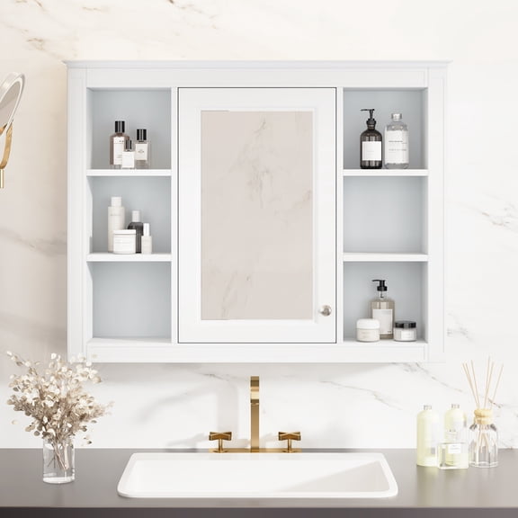 YIYADO Bathroom Medicine Cabinet, Bathroom Mirror Cabinet Wall-Mounted 6-Side Open Shelf, White Wall Cabinet with Mirror, White