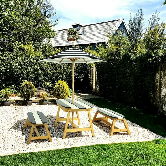 YINGYING Naturally Playful Kids Picnic Table with Umbrella, Outdoor Wooden Table & Bench Set Children Backyard Furniture for Patio Garden