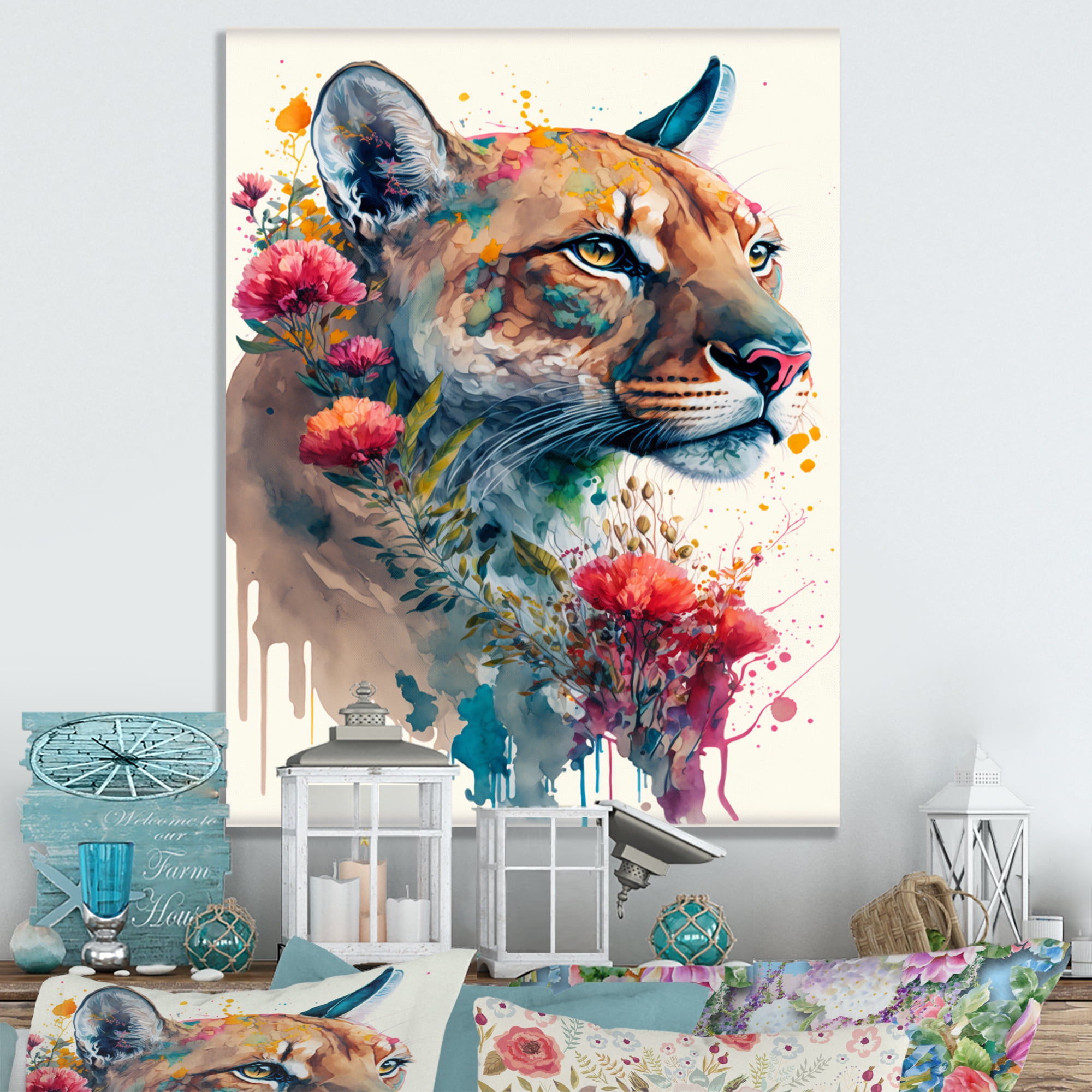 Designart Cute Puma Floral Art I Canvas Wall Art