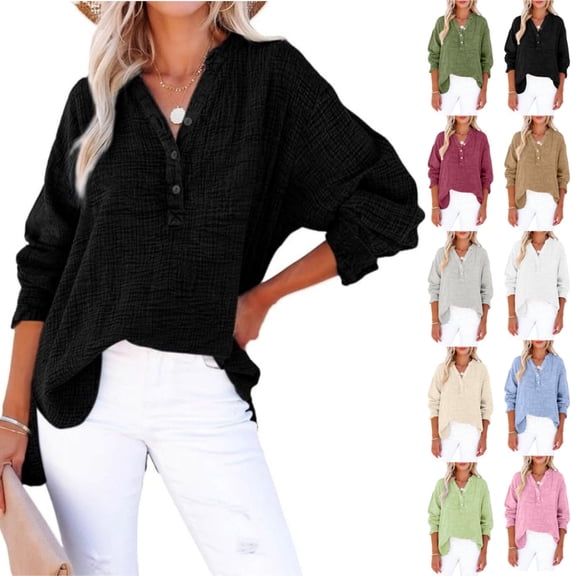 Qwertyu Womens Gauze Shirts Summer Casual Button V Neck Long Sleeve Shirts Oversized Solid Color Blouses Tops Earthy Yellow L