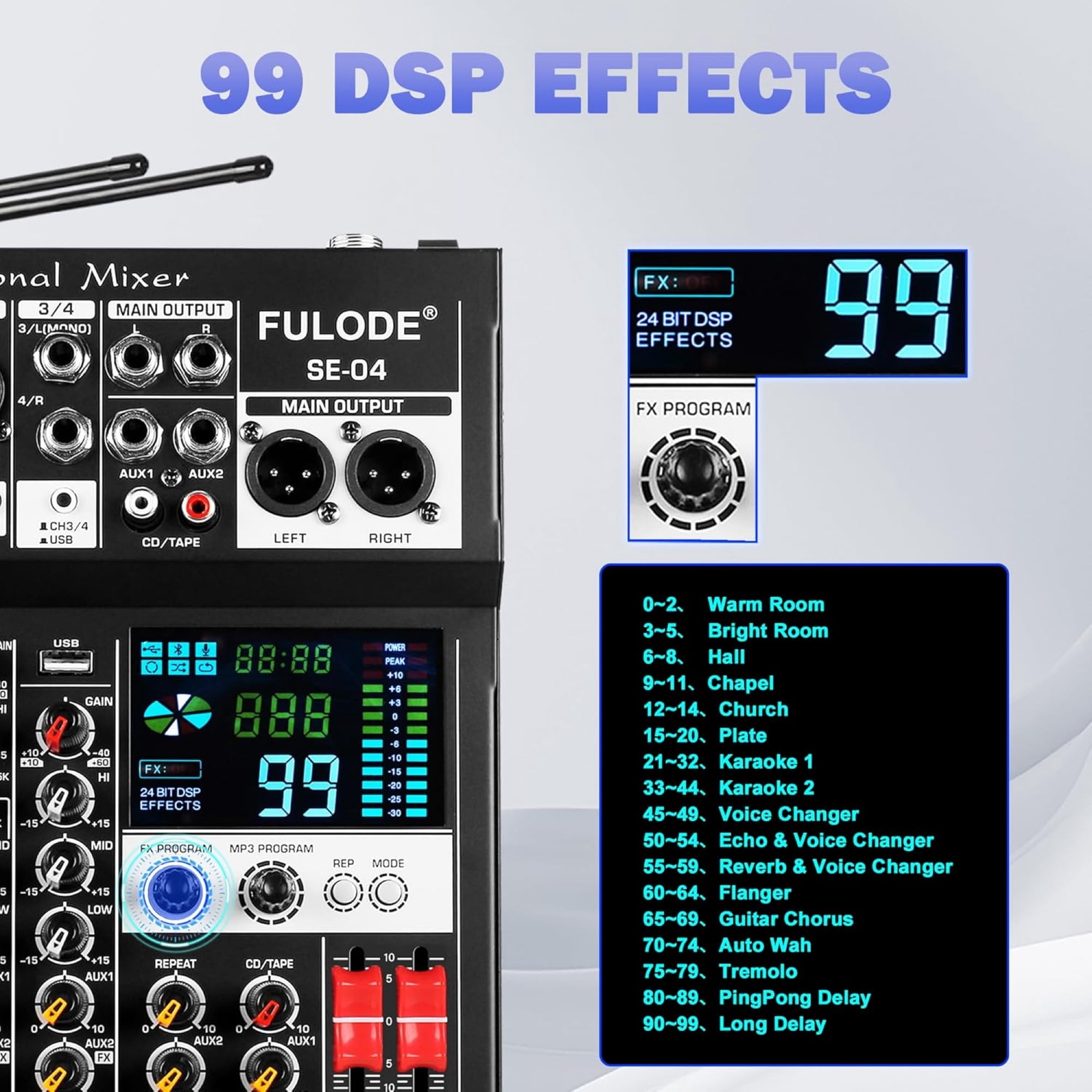 Audio Mixer, 4 Channel Sound Mixing Board With Dual Wireless Microphone & 99DSP, Professional DJ Console W/ MP3 Bluetooth 48V Phantom Power PAD USB Interface for Recording Home Karaoke Live Streaming