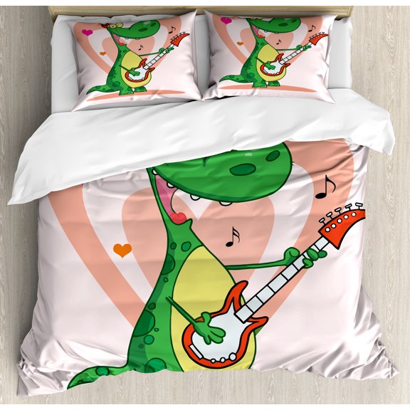 Guitar Duvet Cover Set, Cartoon Style Happy Dinosaur Playing an Instrument Romantic Hearts on the Back, Decorative 3 Piece Bedding Set with 2 Pillow Shams, King Size, Rose Multicolor, by Ambesonne