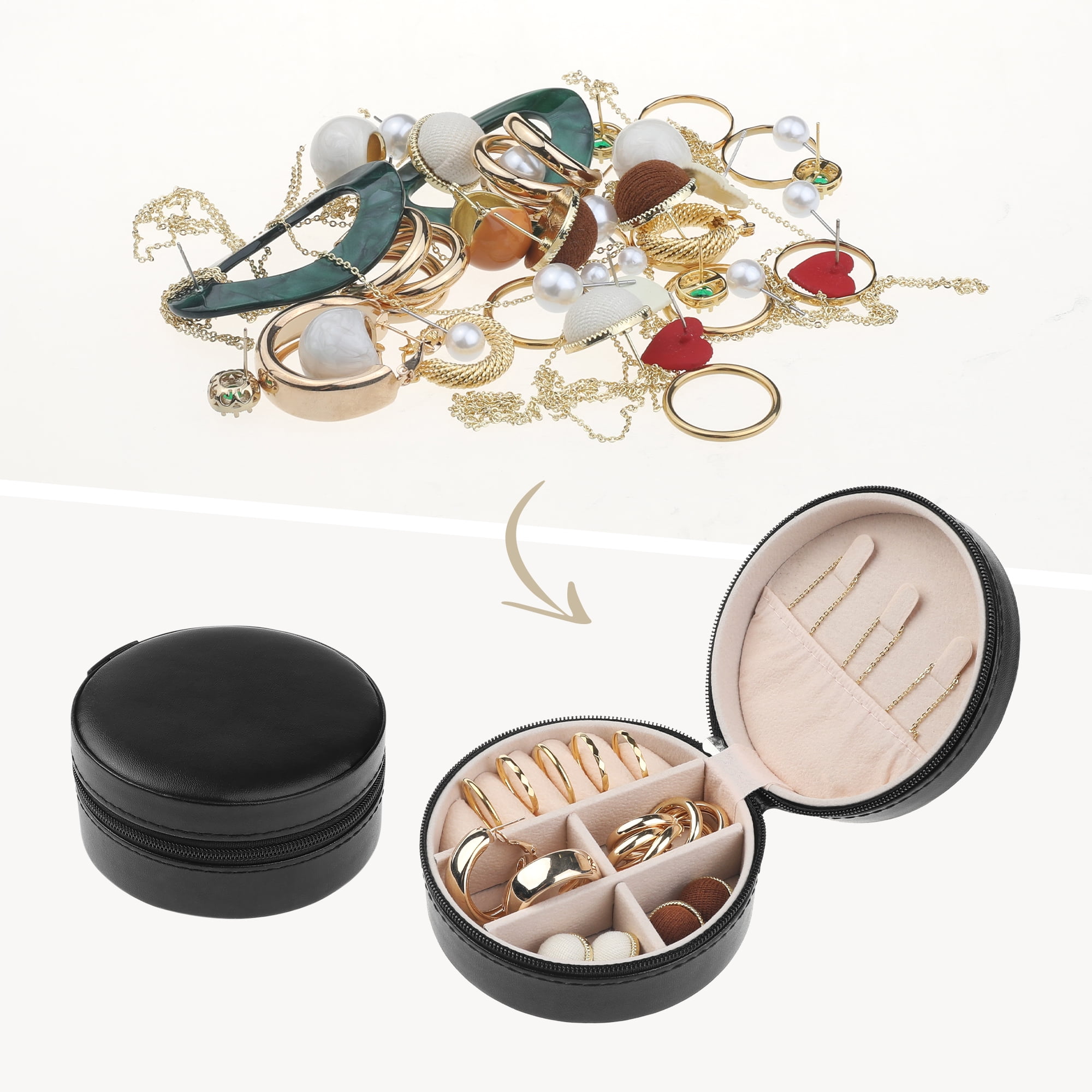 Unique Bargains Travel Jewelry Box Small Round Portable PU Leather Jewelry Organizer Case Black