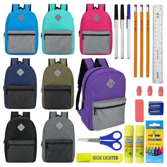 17" Diamond Patch Backpacks & & 22 Piece School Supply Kits - 12 of Each