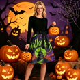 thumbnail image 5 of Women's Halloween Dress Bat Printed Long Sleeve Spooky Tea Length Dress Skeleton Hepburn Crew Neck Fall Swing Dress with Belt M, 5 of 6
