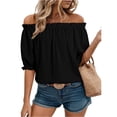 thumbnail image 2 of Womens Tops Short Sleeve Shirts Off the Shoulder Tops for Women Crewneck Dressy Casual Blouses Black 2XL, 2 of 5