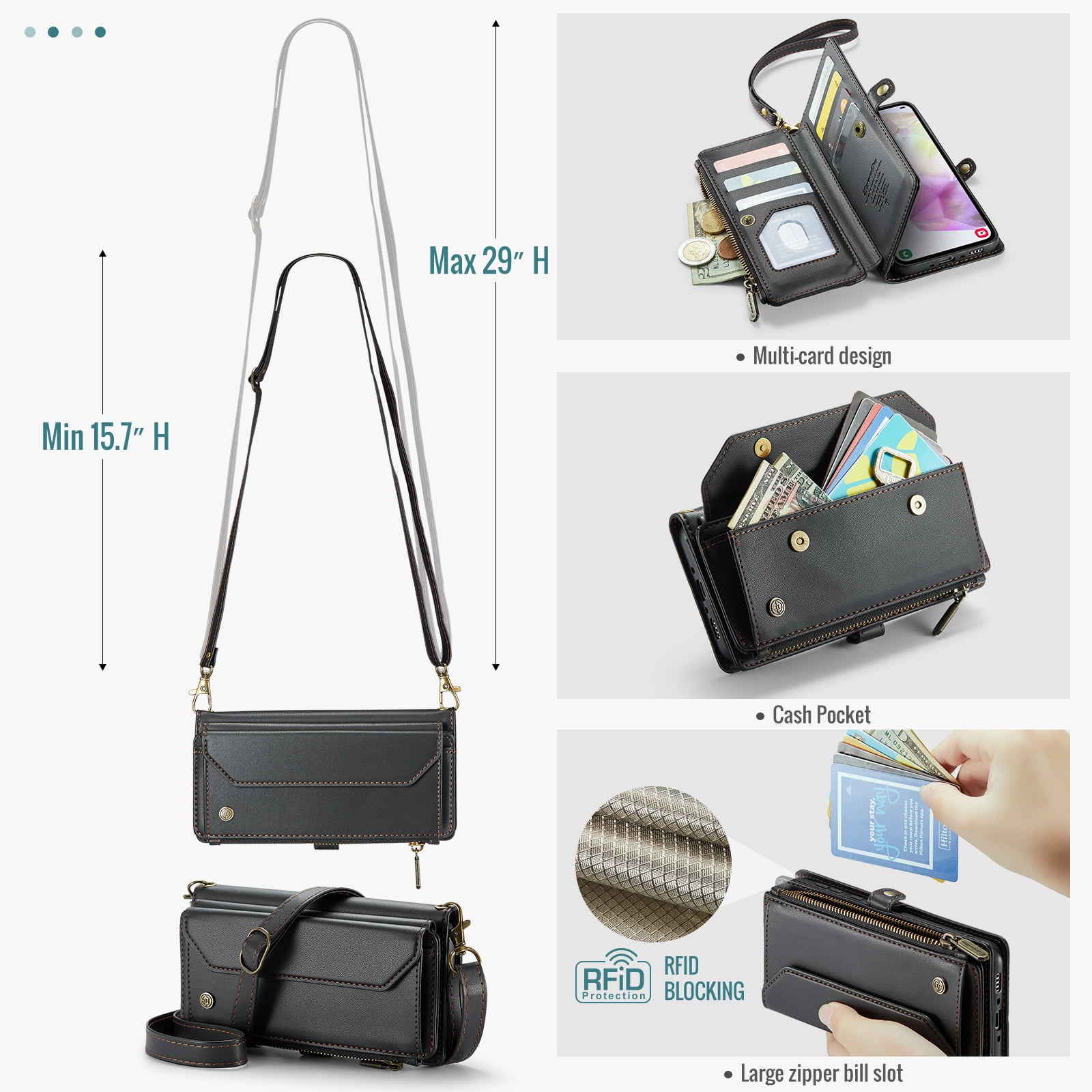 for Samsung Galaxy A14 5G Full Body Protection Wallet Folio Flip Case, Shoulder Strap & Wristlet Card Slots Zipper Pocket RFID Blocking Rugged Durable PU Leather Phone Case Cover, Black