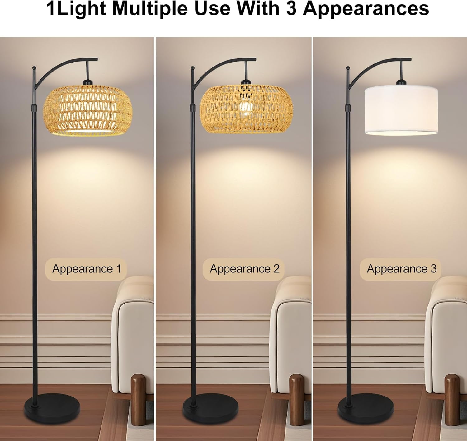 JingleChoo RGB Arc Floor Lamp - Dimmable LED With 3 Color Temperatures, Rattan Shade, App & Remote Control, Modern Tall Lamp For Living Room