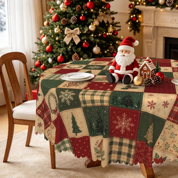 Nanqianyi Christmas Round Tablecloth,60 Inch,Retro Patchwork Prints,Waterproof Table Cover for Dining Kitchen Party Decor
