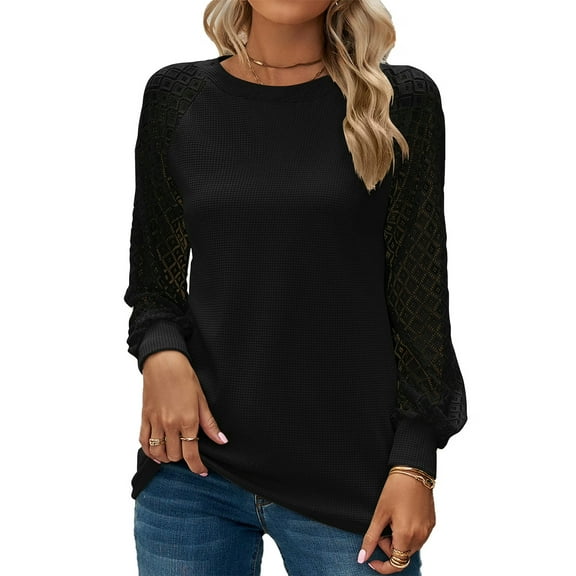 Mengpipi Women's Long Sleeve Blouse Lace Waffle Knit Loose Casual Tops, Black-L(12-14)