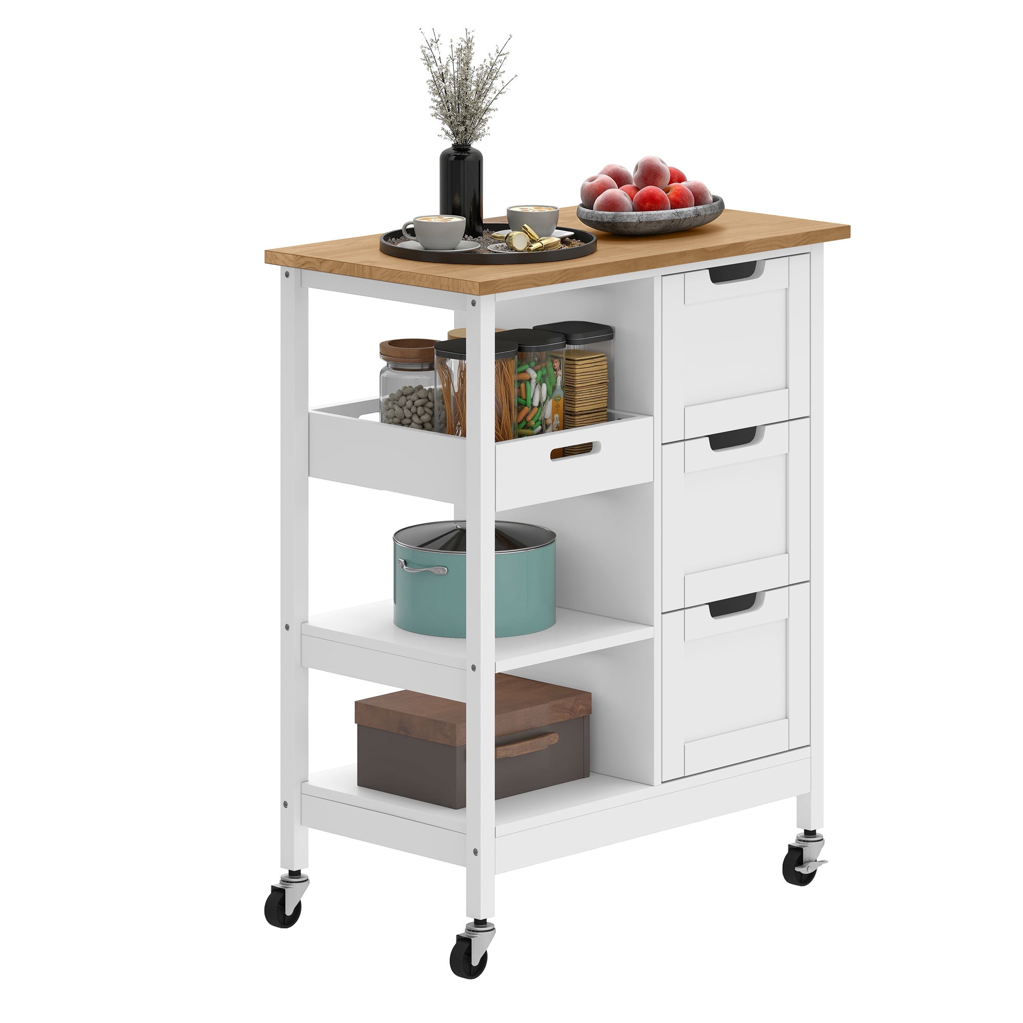 Uforic Wood Rolling Kitchen Cart, Mobile Storage Trolley with Drawers & Shelves, Solid Wood Top & Lockable Casters, White