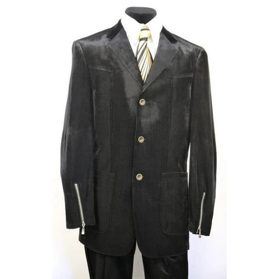 Velvet Suits - Patch Pocket = Three Button Suit With Zipper On Sleeve Black