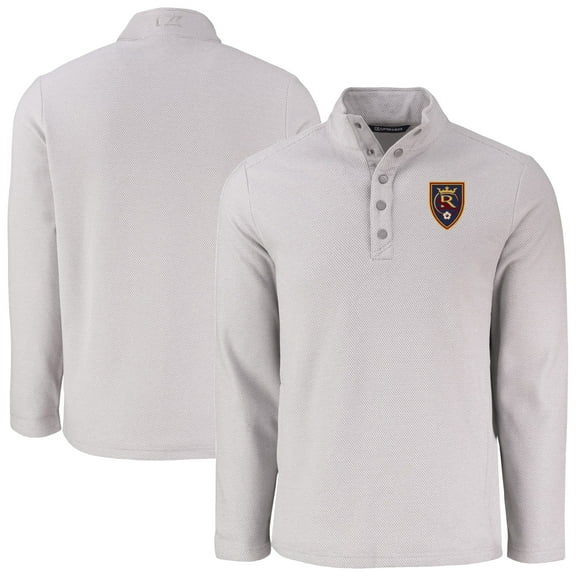 Men's-Cutter & Buck  Gray Real Salt Lake Hunts Point Eco Textured Fleece Recycled Quarter-Snap Pullover Top