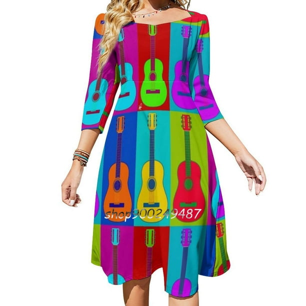 Vestido elegante y dulce para mujer con diseño de guitarra, estilo coreano kawaii, cuello cuadrado, clavijas de afinación para guitarra, pop art, Warhol y Andy