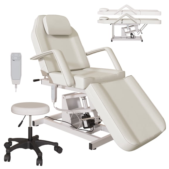KIGOTY Adjustable Leather Massage Table with Hydraulic Stool and Towel Hook, 72”L, White