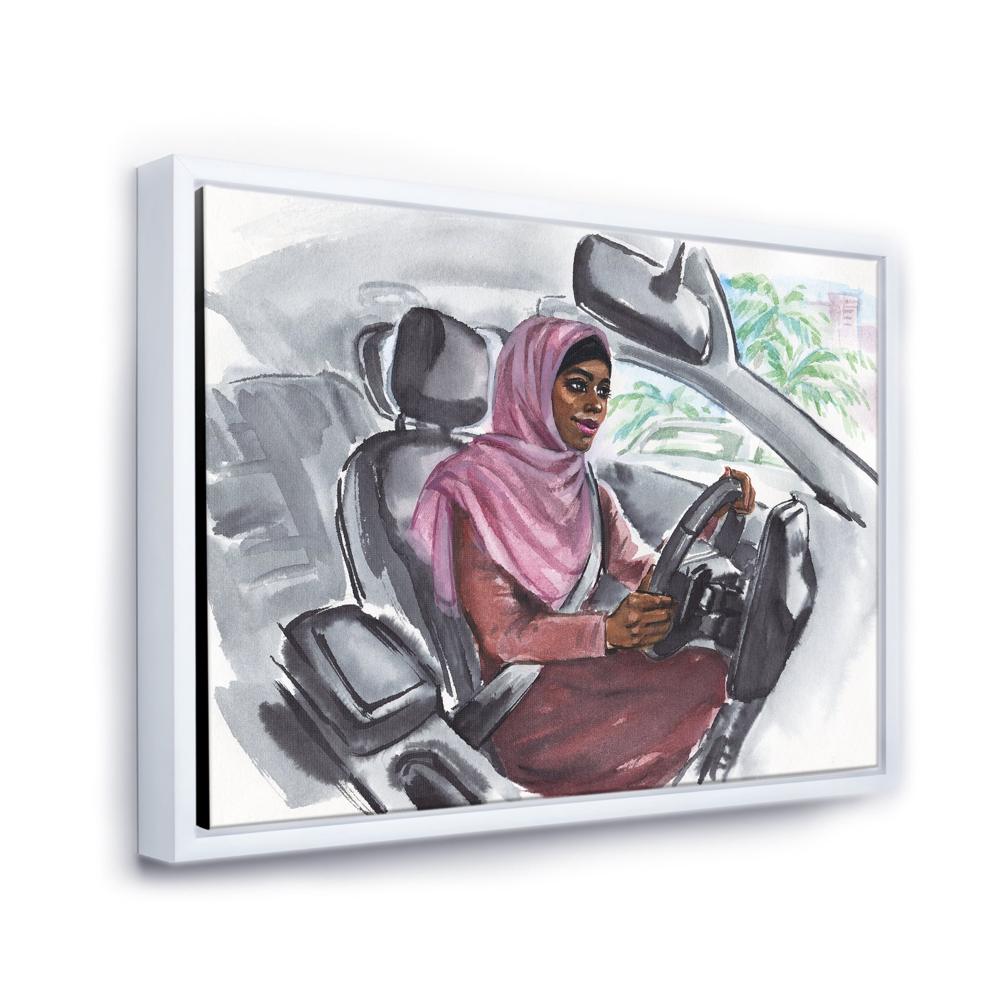 Designart 'Arabian Lady Driving A Car III' Modern Framed Canvas Wall Art Print
