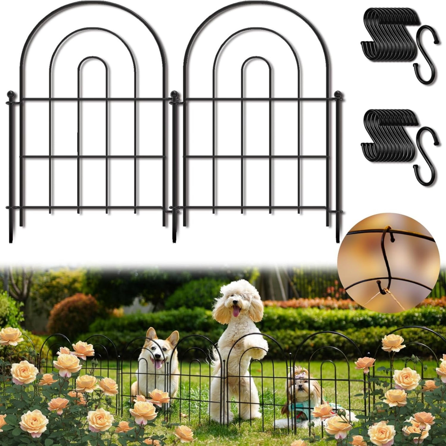 Garden Fence Panels, 17 in (High) x 20 ft (Long) Flower Bed Fencing for Small Animal Barrier, 19 Pcs Metal Decorative Fences Border with Hooks