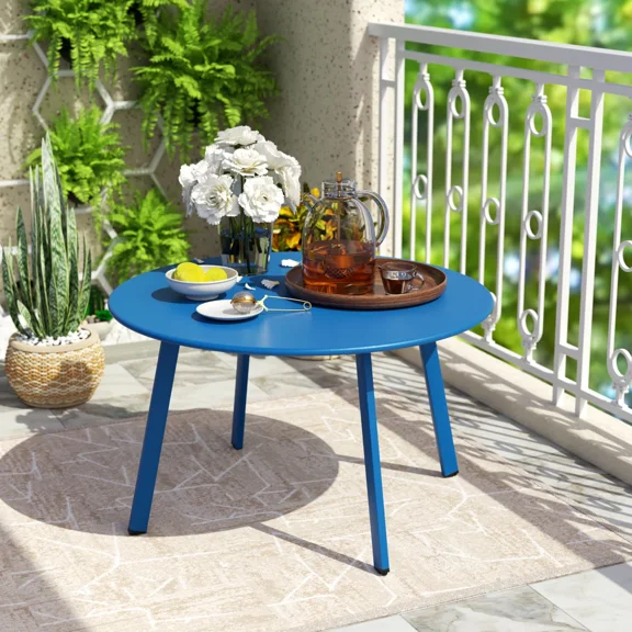 EVERITE 27.5" Outdoor Round Steel Coffee Table,Peacock Blue