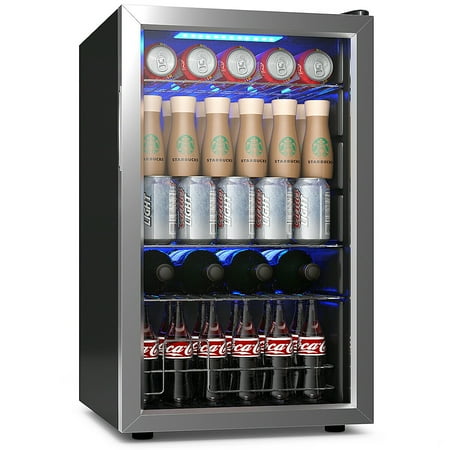 Costway 76 Can Beverage Refrigerator Cooler w Glass Door Stainless Steel Soda Beer