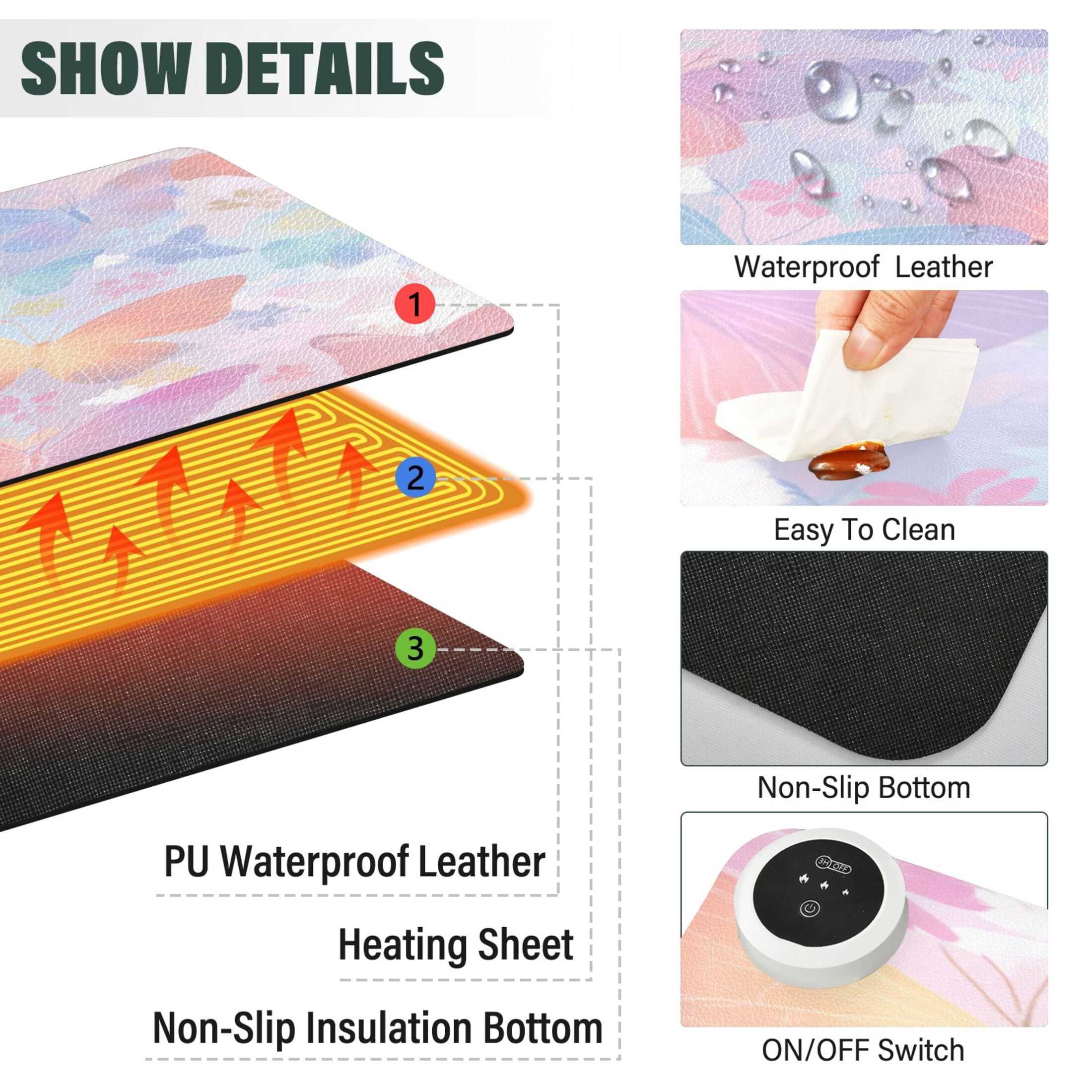 Large Heated Desk Mat Mouse Pad 31.5"x13"PU Leather Graphene Heating Desk Warmer with 3 Temperature Settings 110V US Plug Non-Slip Warm Pad for Home, Office, and Gaming Rainbow Pastel Butterfly Dance
