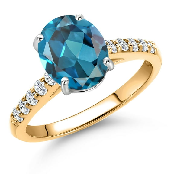 Gem Stone King 10K Two Tone Gold London Blue Topaz and Lab Grown Diamond Engagement Ring for Women | 2.45 Cttw | Oval 9X7MM | Gemstone November Birthstone | Size 5