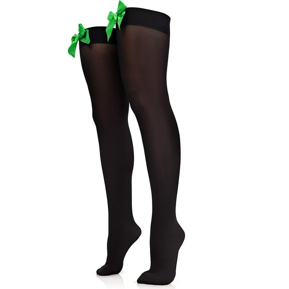 Skeleteen Bow Accent Thigh Highs - Black Over the Knee High Stockings with Green Satin Ribbon Bow Accent for Women and Girls