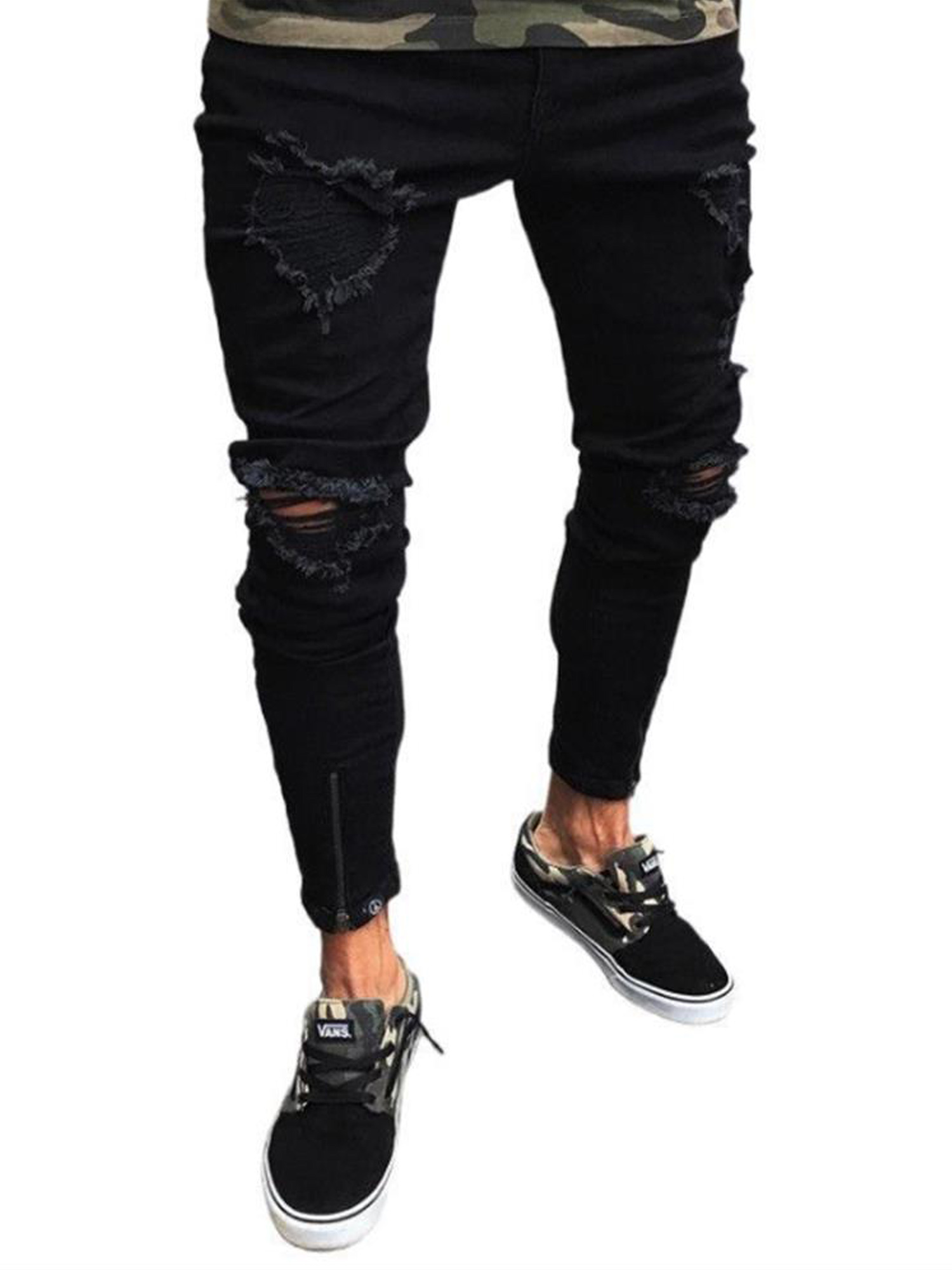 Men Slim Fit Ripped Chinos Comfy Denim 