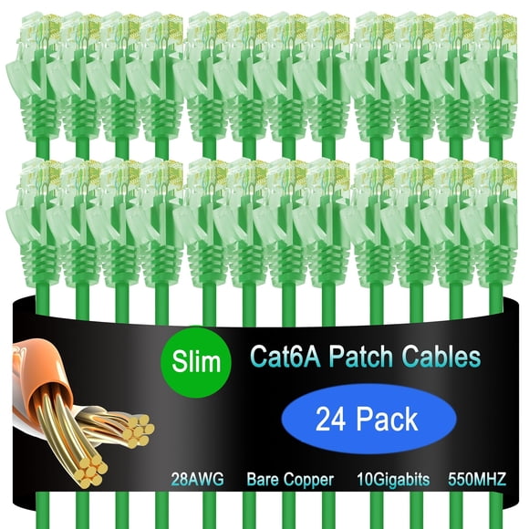 Cable de conexión Ethernet Lysymixs Cat6a Slim, 60 cm, paquete de 24 unidades, verde