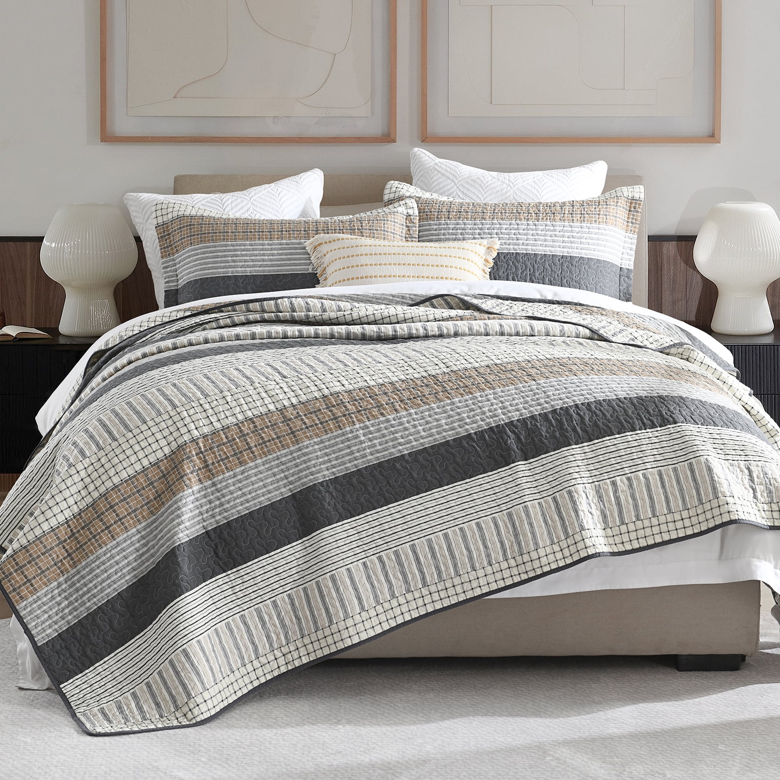 DDUOXIN 100% Cotton King Quilts - Lightweight Gray Brown Striped King Quilt for Bed Set, Modern Neutral Reversible King Size Bedspread, Farmhouse Coverlet/Bedding Set/Comforter with 2 Pillow Shams