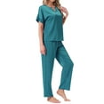 thumbnail image 4 of INSPIRAR CHIC Pijamas de Satén para Mujeres, Camiseta de Manga Corta con Cuello en V y Pantalones Largos, Conjunto de Ropa de Casa Suave en Verde Pavo Real, 4 of 6