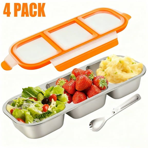 4Pack Food Storage Containers with Airtight Lid, Stainless Steel Snack Containers, Leak Proof Metal Lunchbox with Compartment and Spoon, Lunch Box Bento Box for Home ,Office,Travel, Meal Prep, Orange