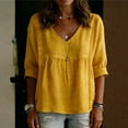 thumbnail image 5 of Women's Cotton Linen V Neck Blouse Casual 3/4 Sleeve Babydoll Pleated T Shirts Summer Boho Relaxed Fit Vacation Tunic Tops Yellow L, 5 of 5