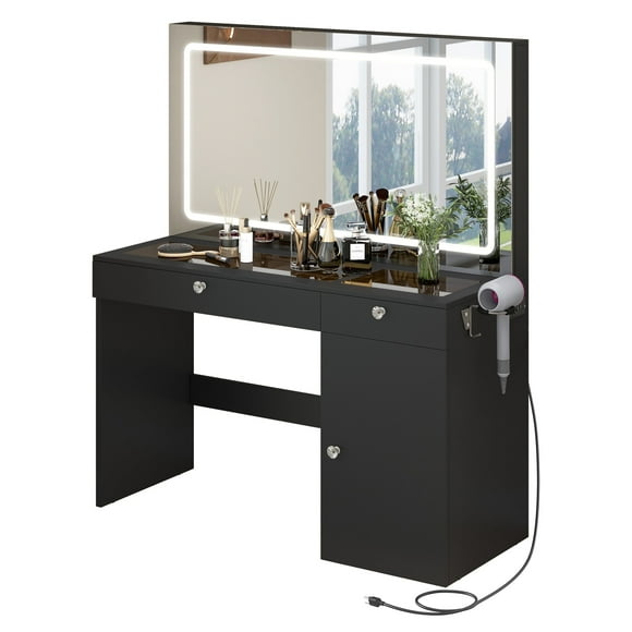 Makeup Vanity Table with LED Lighted Mirror & Power Outlet, Modern Vanity Desk with Drawers & Cabinet , Bedroom Dressing Vanity, Black