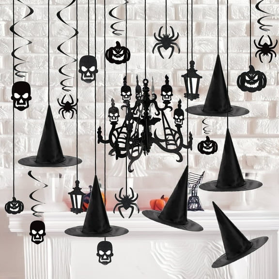 Joyfy 29 Pcs Halloween Hanging Swirl Decorations and Witch Hats,Halloween Decorations Indoor Birthday Party Supplies Decorations,Pumpkin Spider Ghost Decor
