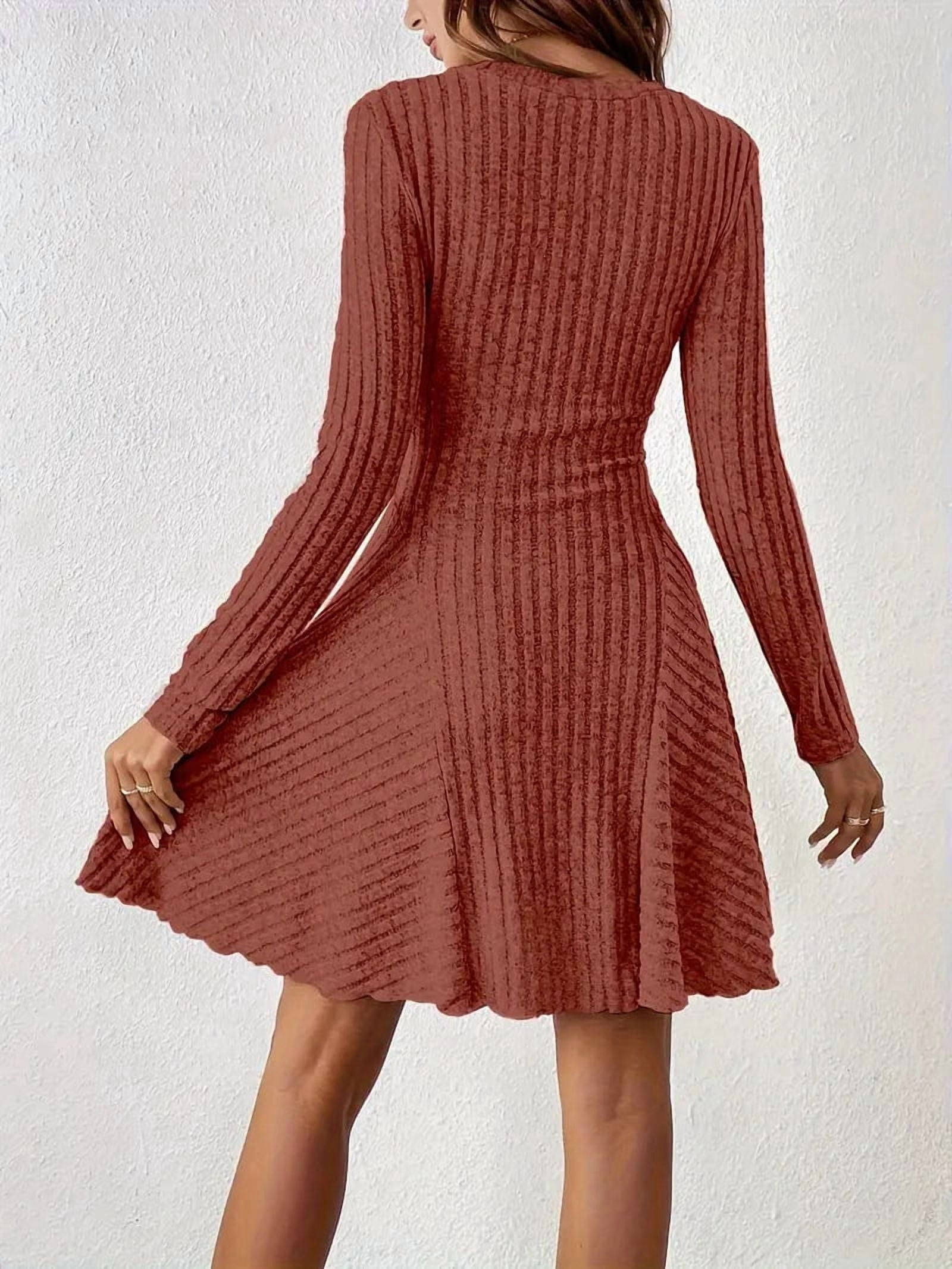 Women Long Sleeve Ribbed Knit Short Dresses Fall Winter V Neck Casual Swing A Line Sweater Dress