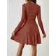 thumbnail image 4 of Vestido Corto de Punto Acanalado de Larga para Mujer, Otoño e Invierno, Cuello en V, Informal, Corte A Rojo Ladrillo L, 4 of 7