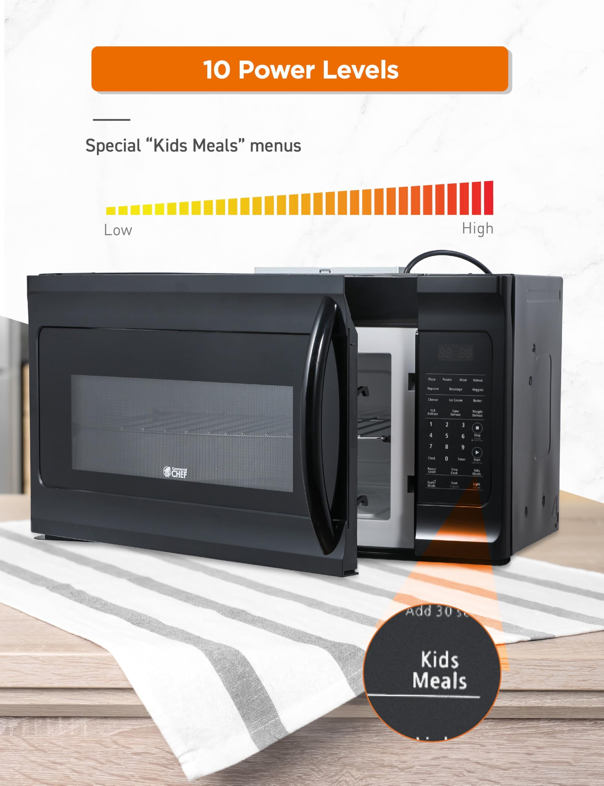Commercial Chef 1.7 Cu. Ft. Over-The-Range Microwave Oven, 1000 Watt Microwave with 10 Power Levels, 300 CFM Hidden Vent Hood Fan, Touch Controls, LED Display, 10 Preset Options, CHMR17GB, Black