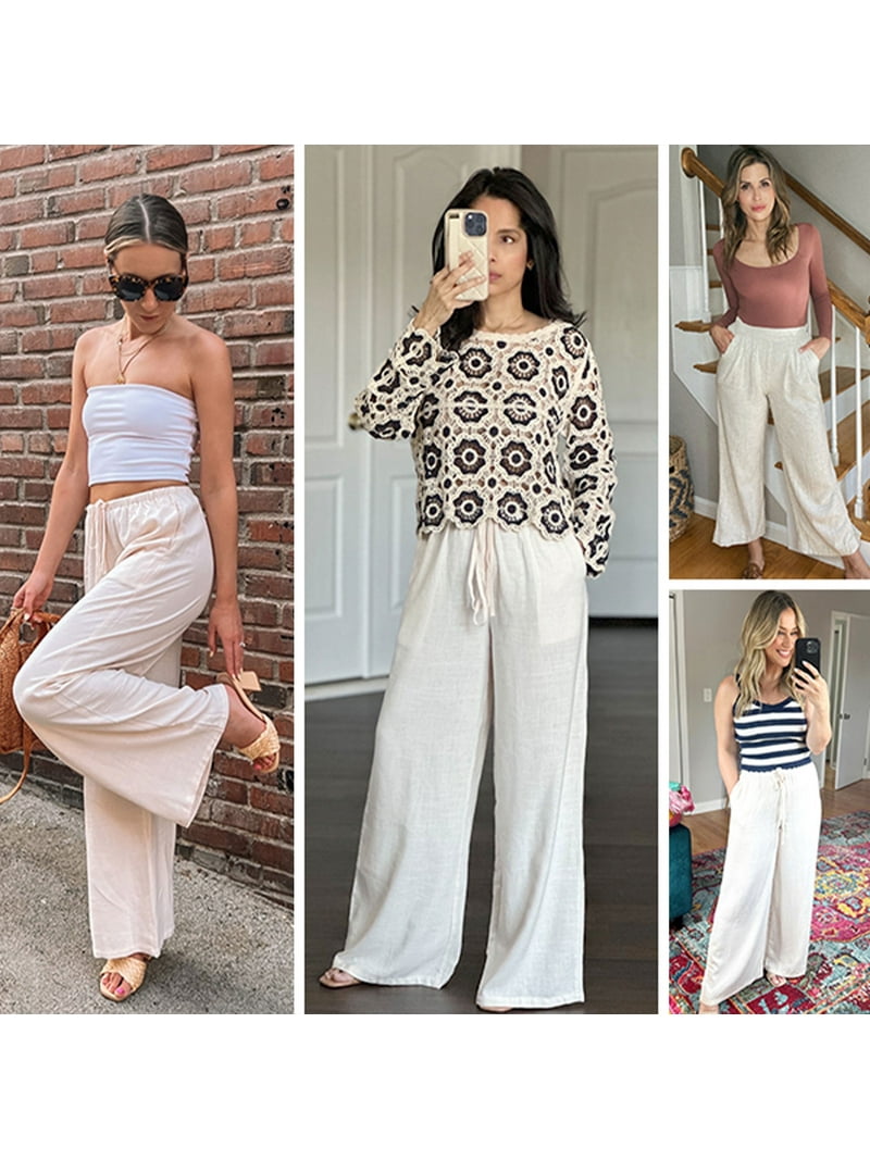 Temofon Women's Wide Leg Linen Pants Summer Casual Palazzo with