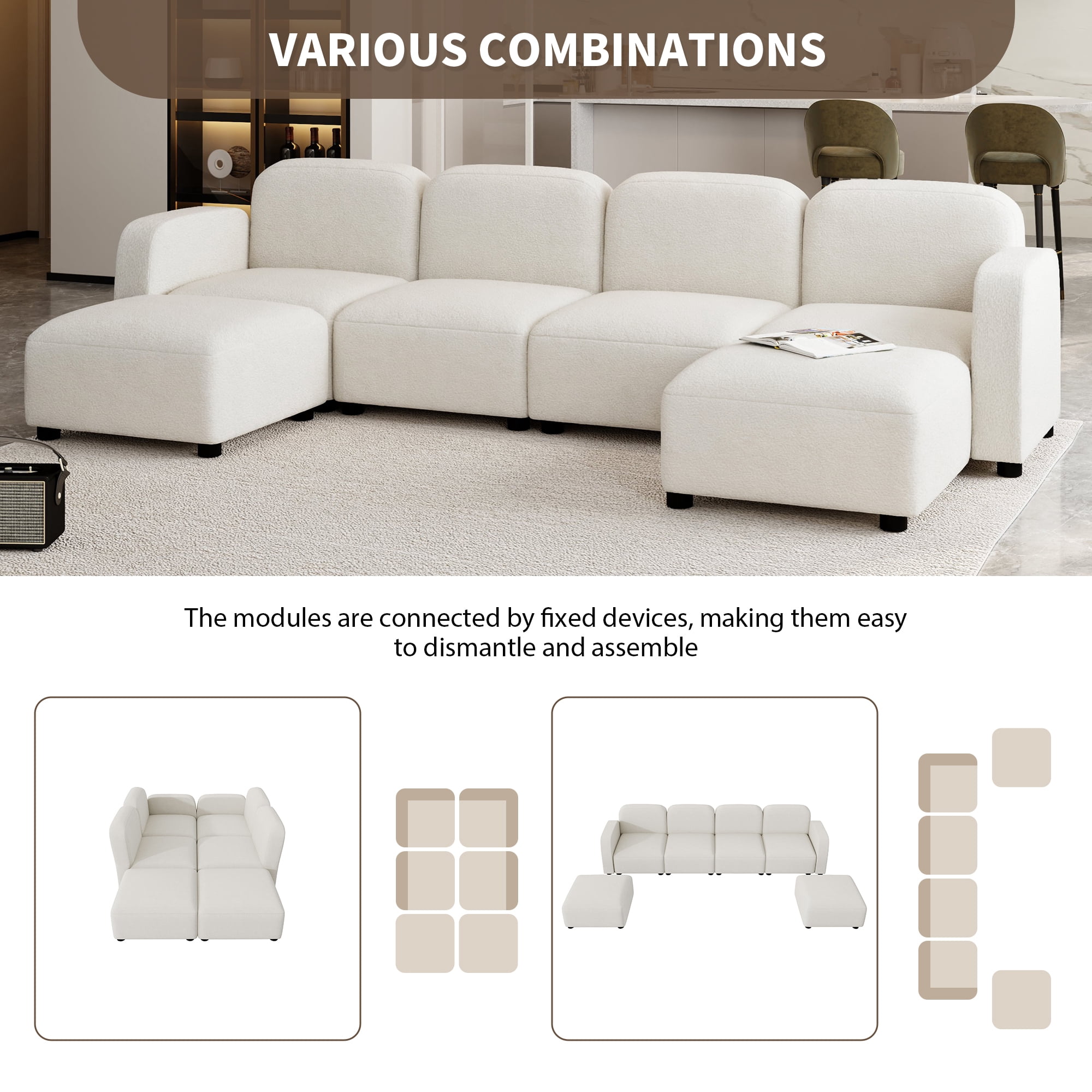 EUROCO 116" U Shaped Modular Sectional Sofa Couch, Reversible 6 Seat Velvet Sleeper Cloud Sofa Bed with Ottoma, onvertible Oversized Indoor Furniture Pieces for Living Room, Beige