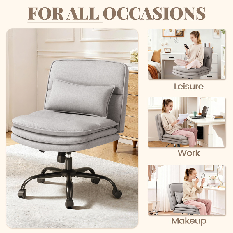 Homall Cross Legged Wide Seat Office Chair with Wheels,Office Armless Desk Chair, Modern Swivel Computer Task Chair Height Adjustable Vanity Chair,in Fabric,Gray