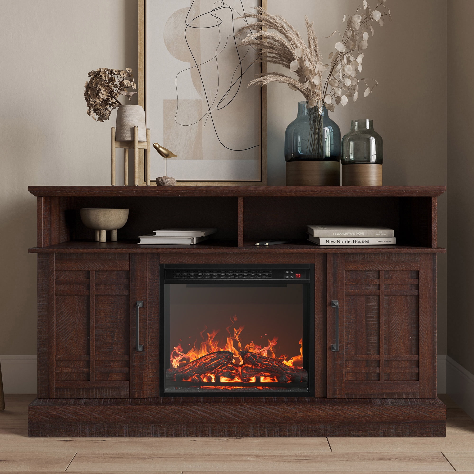 BELLEZE 47" TV Stand with 18" Electric Fireplace, Modern Electric Fireplace TV Stand for TVs up to 50", Entertainment Media Stand with Storage - Norrell (Espresso)