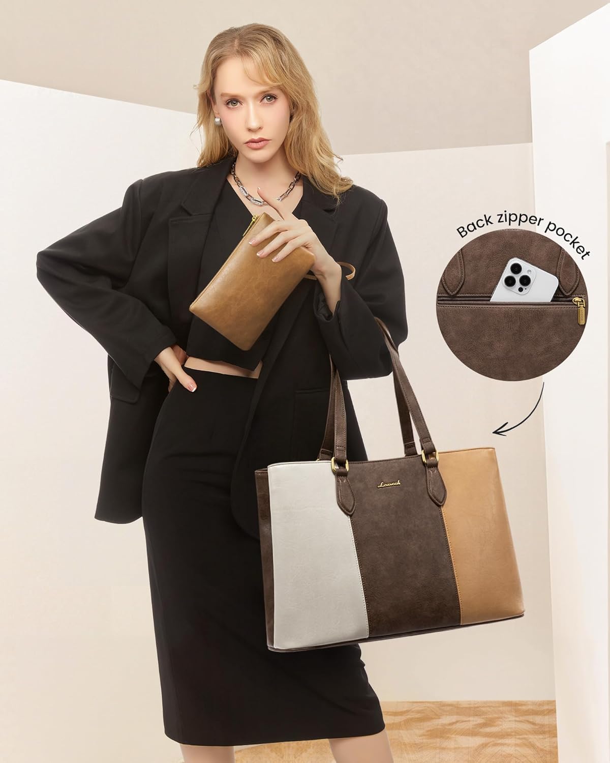 LOVEVOOK Laptop Tote Bag for Women,Work Tote with Wristlet,PU Leather Computer Bag for Teacher,Office, Daily