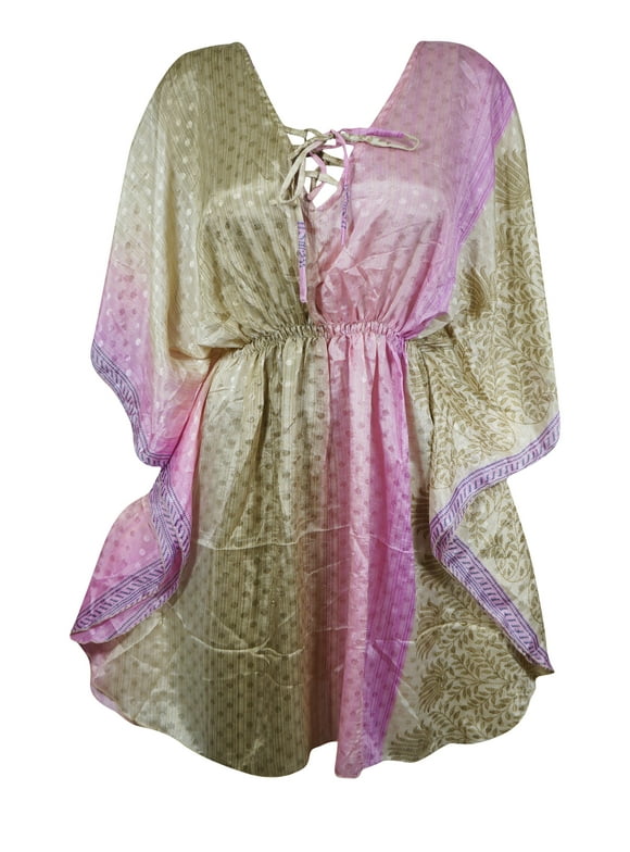 Mogul Beach Kaftan, Beige Pink Floral Summer Kaftan M-XL