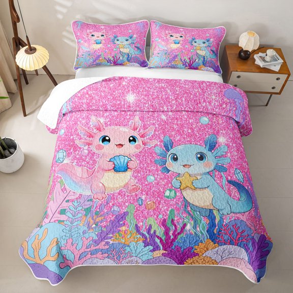 Homewish Cartoon Axolotl Twin Quilt Set for Kids Girls, Pink Glitter Stars Twin Coverlet Set, 2pcs 1 Bedspread and 1 Pillowcase