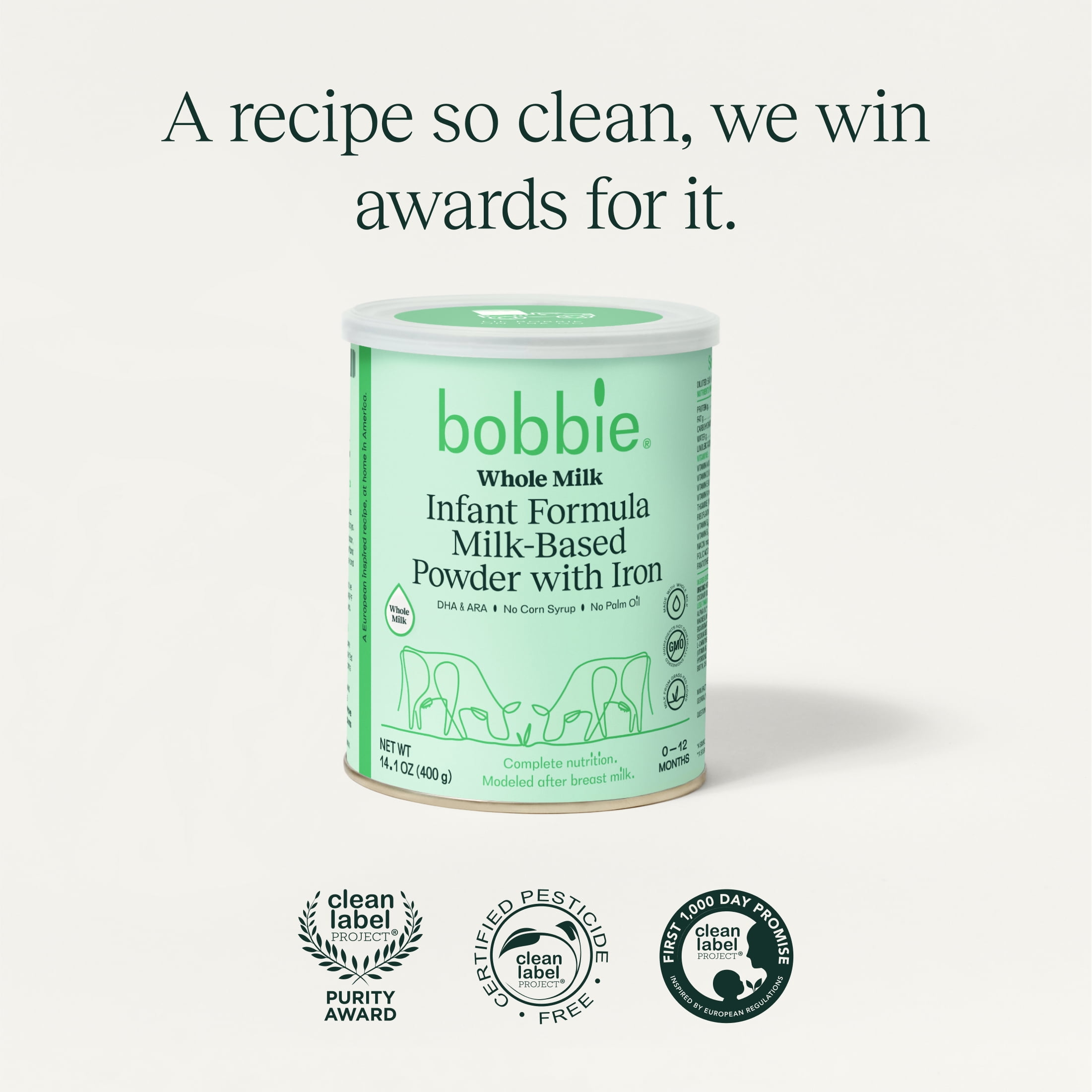 (4 pack) Bobbie Whole Milk Infant Formula for Everyday Feeding, Milk-Based Powder with 1.2mg Iron, Organic Grass-Fed Whole Milk Recipe, 14.1 oz Can